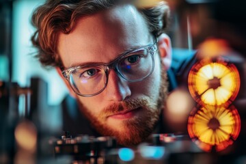 Leinwandbilder - A scientist with glasses intensely focuses on adjusting intricate laboratory equipment, showcasing the precision and dedication required in scientific research work.