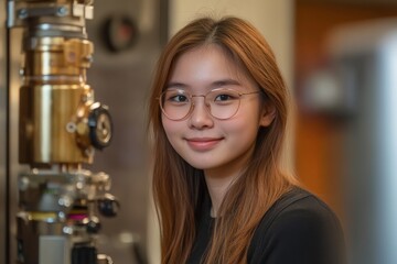 Leinwandbilder - A young scientist stands confidently near advanced equipment, displaying curiosity and innovation in scientific research and exploration within the modern laboratory setting.