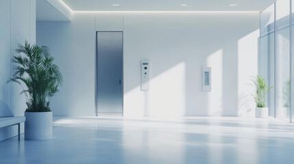 Open elevator doors in hallway. Vector realistic empty modern office or hotel lobby interior with lift, metal panel with buttons and floor display on wall