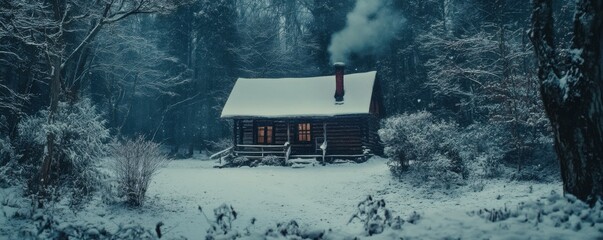 Wall Mural - A snow-covered cabin in the woods with smoke rising from the chimney, 4K photo.