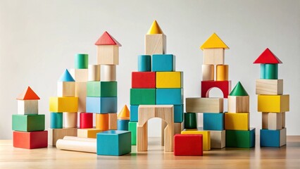 Poster - Colorful Wooden Block Cityscape A Creative Construction of Brightly Colored Blocks Forming Playful Buildings and Structures on a Wooden Surface