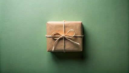 Wall Mural - A Simple Brown Gift Box Tied with Rustic Twine on a Green Background