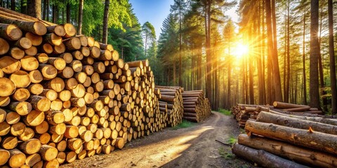 Poster - Golden Hour Timber Stacks in a Sun-Dappled Forest