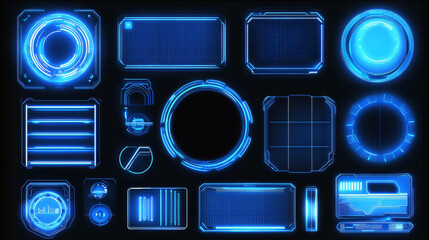 futuristic tech game ui frames with glowing neon blue line on black background. user interfaces gami