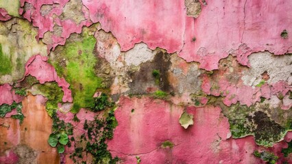 Poster - Textured Pink Wall with Peeling Paint and Lush Green Moss