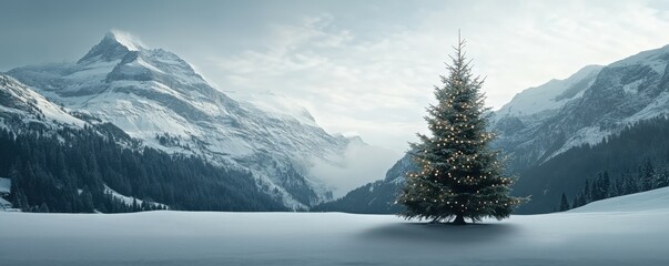 Canvas Print - A snowy mountain landscape with a Christmas tree in the foreground, 4k photo.