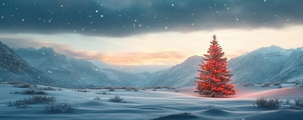 Canvas Print - A snowy mountain landscape with a Christmas tree in the foreground, 4k photo.