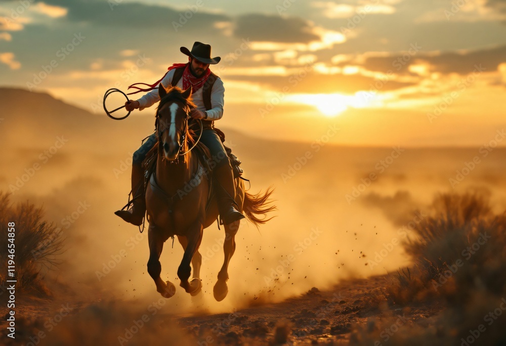 Dynamic western sunset scene with rider on galloping horse in dusty ...