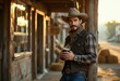 © Dmitry - Caucasian man in cowboy hat and western wear holding cup at rustic wooden porch during sunset. Ranch lifestyle, country living scene with warm evening light