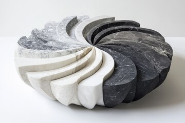 Poster - A striking marble sculpture composed of intricate black and white swirling patterns that form a harmonious circle, exemplifying elegance and contrast in design.