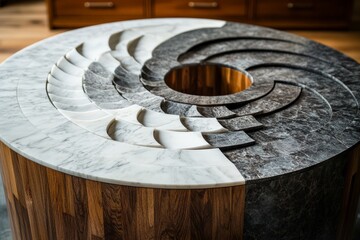 Poster - A marble table featuring an intricate design of layered spiral patterns in contrasting shades of white and gray, highlighting craftsmanship and elegance.