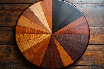Poster - A beautifully crafted round wooden coffee table features distinct contrasting wood tones, adding depth and character, ideal for contemporary or rustic settings.