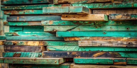 Wall Mural - A Stack of Weathered Teal and Brown Wooden Planks