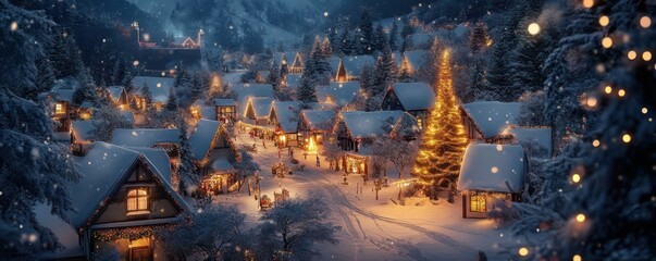 Wall Mural - A snowy village at night with glowing Christmas lights and decorated houses, 4k photo.