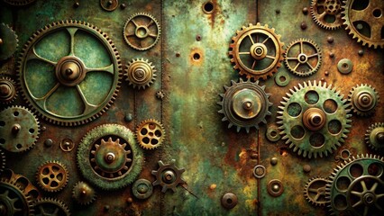 Leinwandbilder - Rustic Metal Gears and Cogs on Weathered Surface A Steampunk Industrial Background