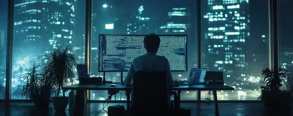 A software developer writing code on a large monitor in a tech hub, 4k photo.