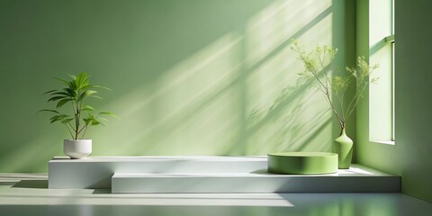 Aufkleber - Serene Green Room Display with Minimalist Product Platforms and Greenery