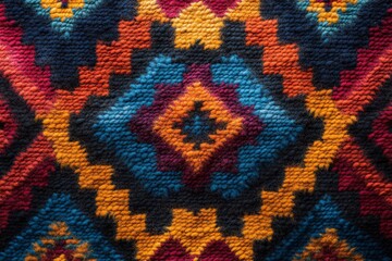 Leinwandbilder - A close-up shot of a vibrant geometric pattern on a rug, displaying bold colors that evoke a sense of warmth and artistic expression in home decor.