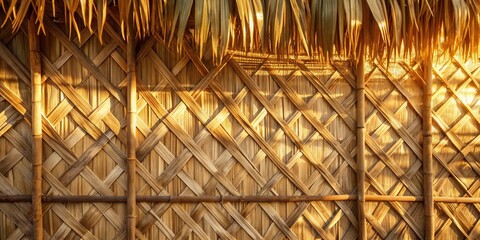 Wall Mural - Golden Sunlight Illuminates Intricate Woven Bamboo Wall Under Thatch Roof