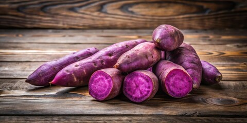 Wall Mural - Vibrant Purple Sweet Potatoes on Rustic Wooden Surface