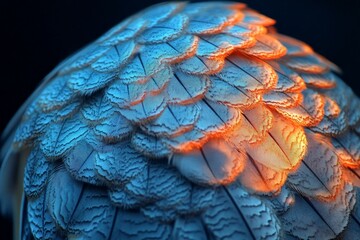 Poster - A mesmerizing close-up of vibrant blue and orange feathers showcasing intricate patterns, evoking notions of beauty and nature's artful design.
