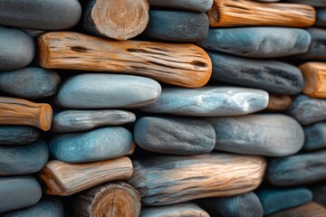 Poster - An artistic display of neatly stacked wood pieces and smooth rocks, showcasing a balance of textures and colors, encapsulating natural beauty and creativity in design.