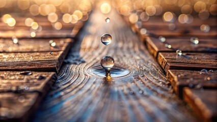 Poster - Water Droplets Falling on Wooden Surface at Sunset