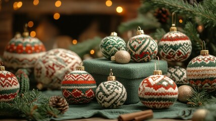 Wall Mural - Cozy Knitted Christmas Ornaments on Rustic Table