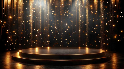 Sticker - A black stage with gold lights and a podium in the center.