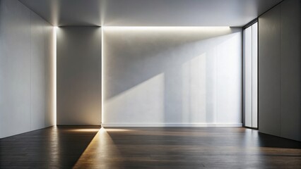 Wall Mural - Modern minimalist empty room with sunlight streaming through a large window and illuminated wall features