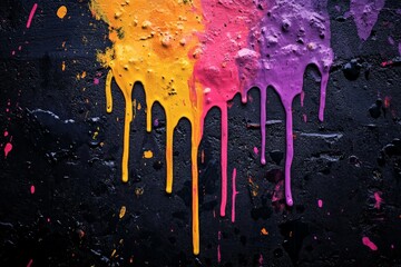 Aufkleber - Orange and purple paint drips flow down a textured surface, creating an abstract artwork that highlights the vibrant contrast between warm and cool tones.