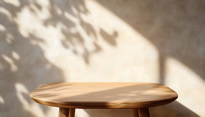 Wall Mural - Wooden table mockup on stucco background with window shadow on the wall, beige earthy color tones