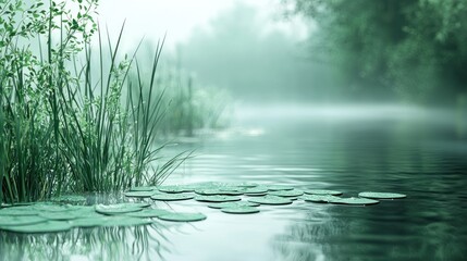 Wall Mural - Misty morning riverbank with lily pads and reeds.