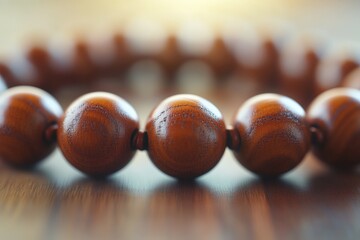 Aufkleber - Smooth, light-colored wooden beads are pictured in a neat row, reflecting sunlight subtly, emphasizing their natural grain and polished surface beautifully.
