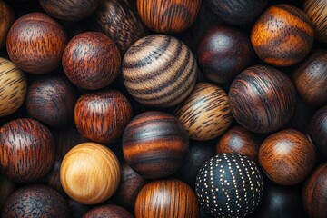 Aufkleber - A vibrant assortment of colorful wooden balls arranged artistically, showcasing a range of textures and wood grains, perfect for home decoration or crafts.