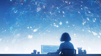 Woman programmer coding at night, futuristic interface on screen.