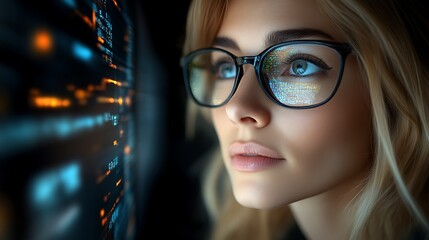 woman programmer looking at code on screen.