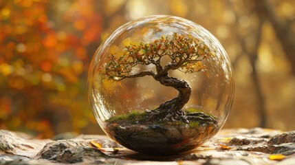 Wall Mural - Miniature bonsai tree inside a glass sphere, autumn forest background.