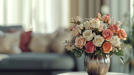 Wall Mural - Pastel roses in a metallic vase on a coffee table.