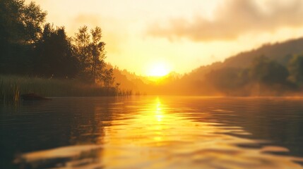 Wall Mural - Golden sunset reflecting on calm lake water, trees on shore.