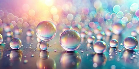 Aufkleber - Iridescent Spheres Glistening on a Reflective Surface with a Soft, Dreamlike Background