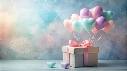 Wall Mural - Pastel Heart Balloons Float Above a Gift Box on a Wooden Surface