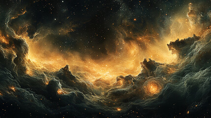 Wall Mural - Golden Cosmic Clouds in Deep Space