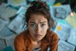 © Vera - A young woman looking stressed surrounded by financial documents and a calculator at her desk