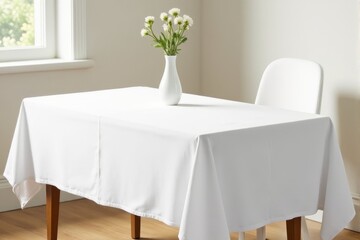 Wall Mural - A clean white tablecloth with a single flower vase