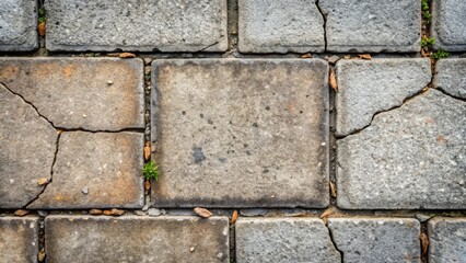 Fototapete - Cracked Stone Pavement Texture with Weathered Blocks and Emerging Plants