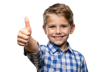 Cheerful smiling young boy showing thumb up isolated on transparent background