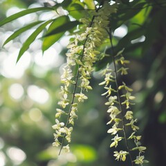 A beautiful arrangement of white flowers suspended from a tree branch, ideal for use in illustrations or designs featuring nature and botany