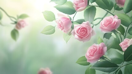 Wall Mural - Delicate Pink Roses Blooming on a Green Vine