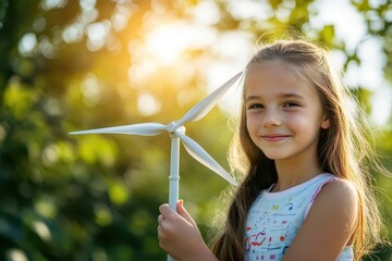 Young girl holding a wind turbine model she designed, smiling proudly, bright and sunny environment, Renewable Energy for Kids, STEM Learning